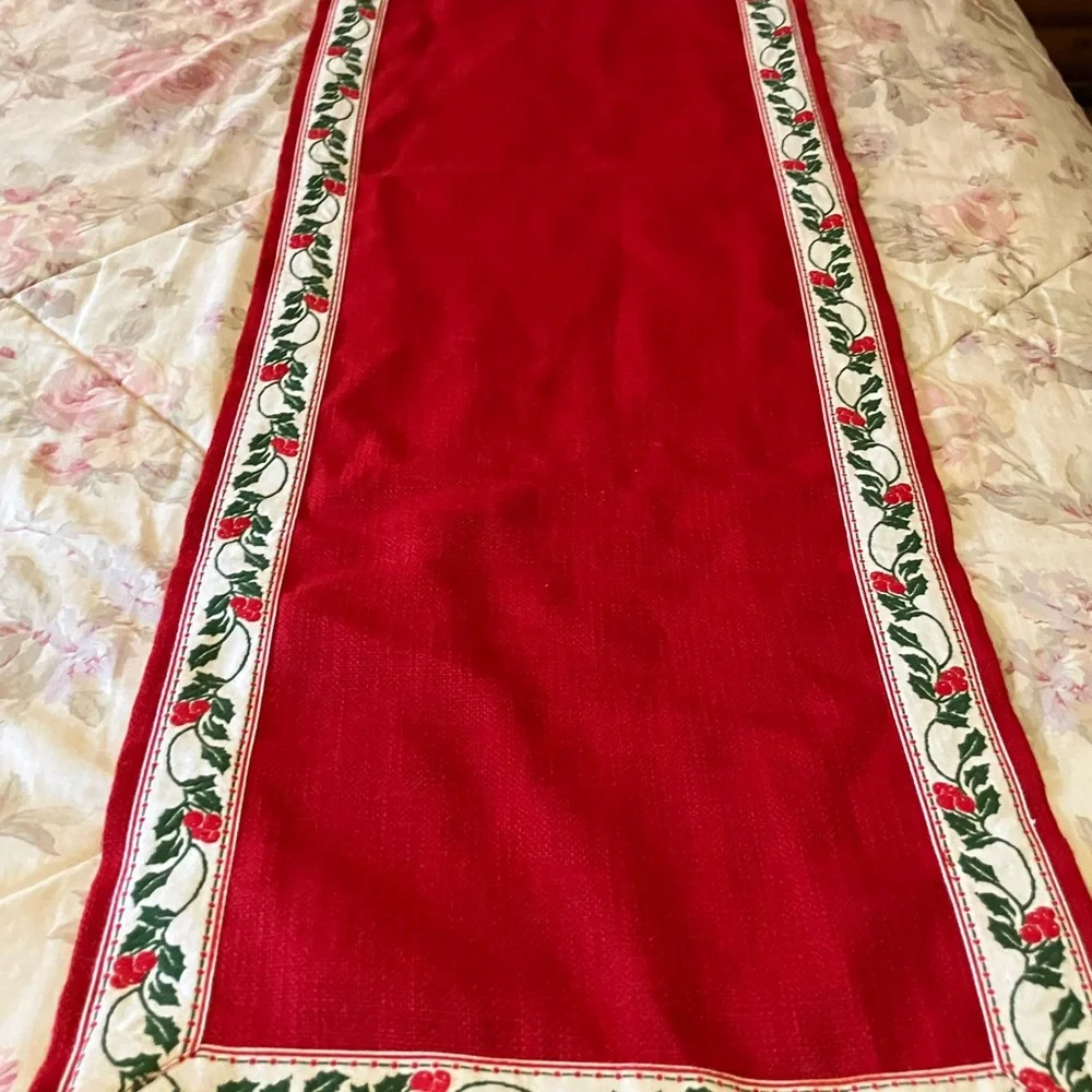 Vintage handmade holiday table runner 52” long holly and burlap